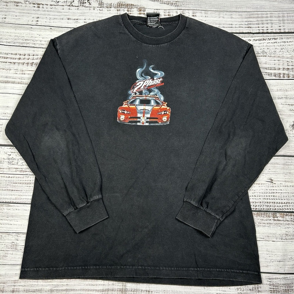 VTG Y2K Top Heavy LS Black Shirt Mens Size XL 2Phast Street Racing Viper Skull - Picture 3 of 8